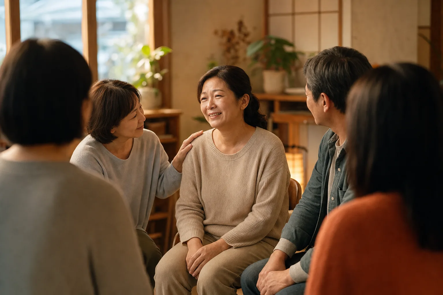 中年子女在溫暖的支持團體場景中被傾聽、卸下照顧的重擔