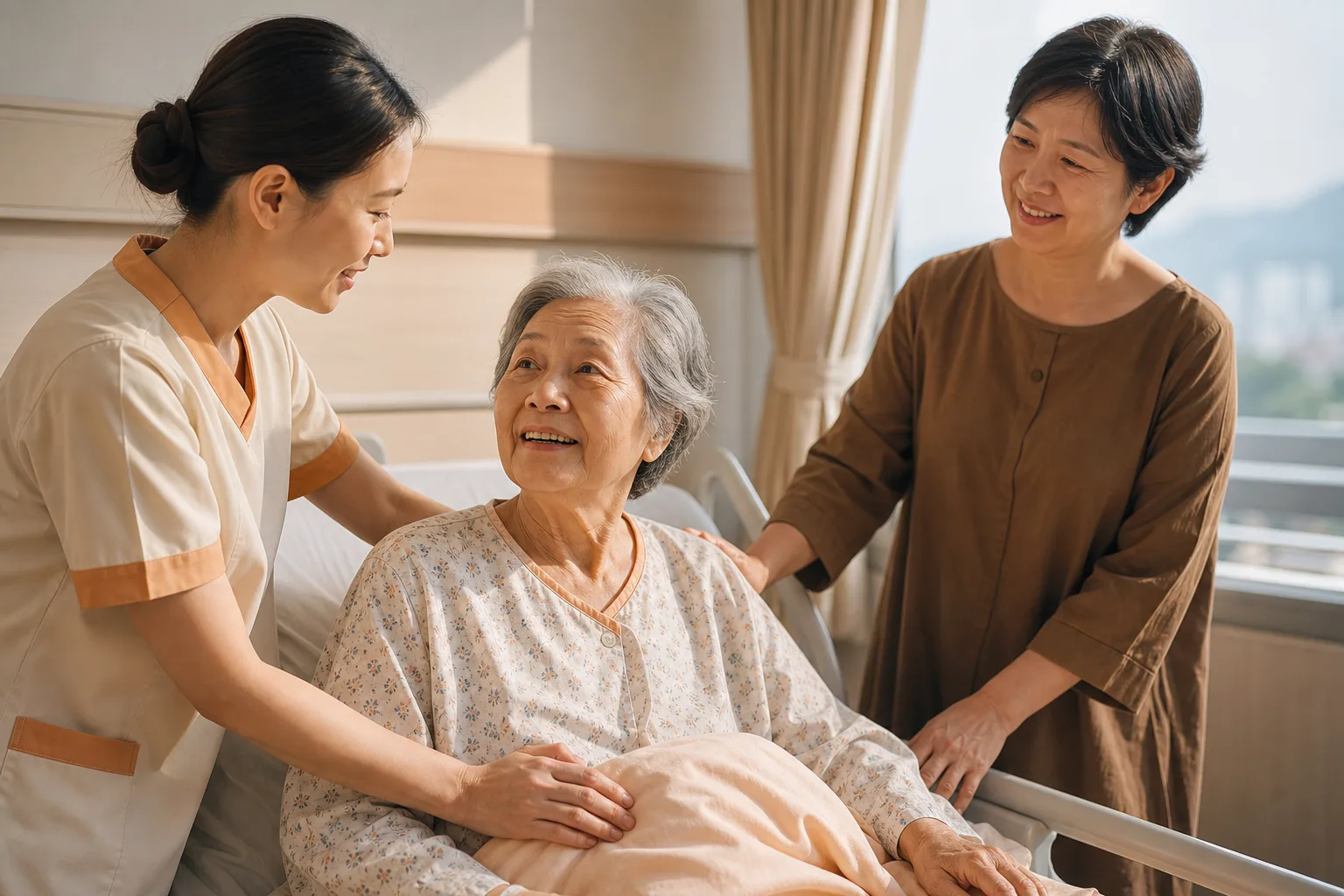 醫院病房中,照顧服務員協助住院的長者,家屬在一旁安心陪伴
