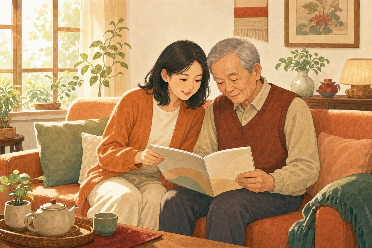 子女陪伴年長父親一起翻看評估手冊的溫暖插圖