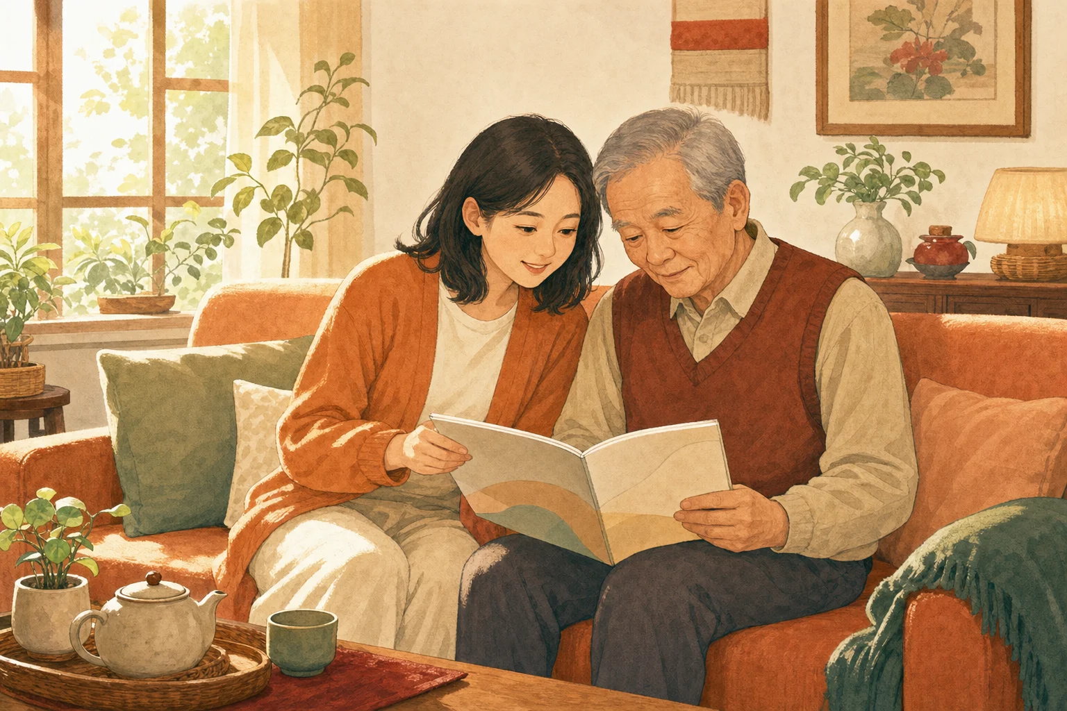 子女陪伴長者坐在暖陽客廳沙發上一起翻看資料的插圖